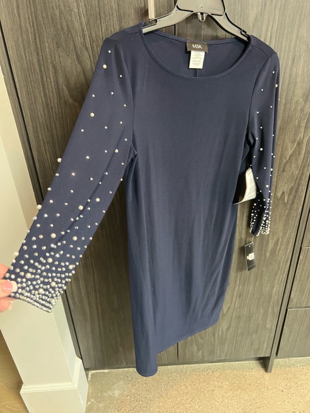 MSK Navy Long-Sleeve Pearl Accent Sheath Dress